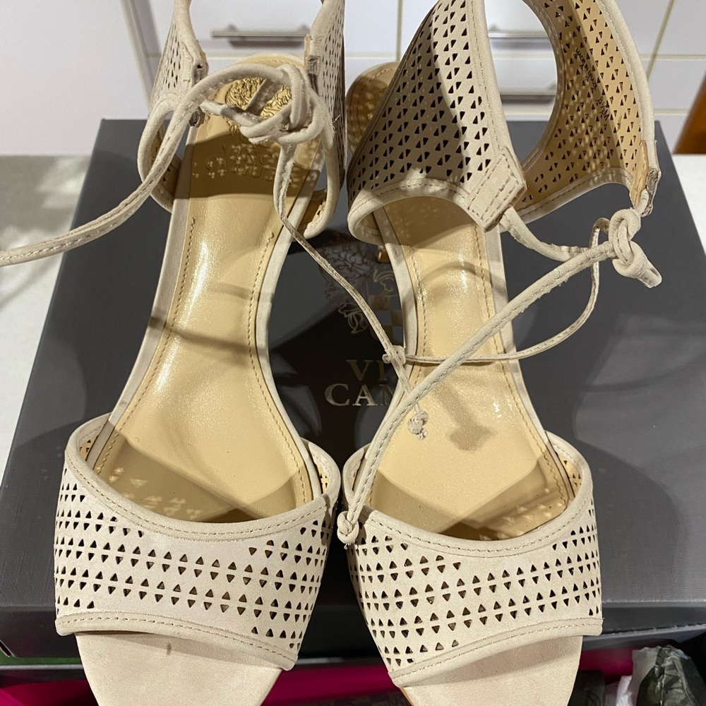 Vince Camuto Cream Laser-Cut Tie-Ankle Heels